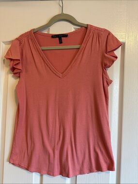 White House Black Market Coral V-Neck Ruffle Sleeve Tee